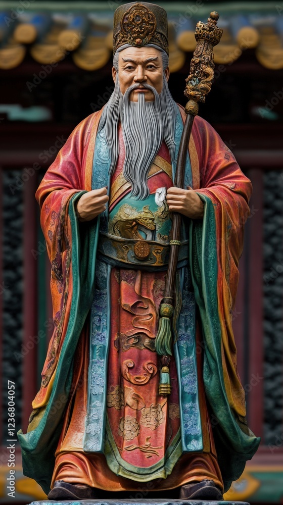 Obraz premium Colorful statue of ancient Chinese figure at temple.