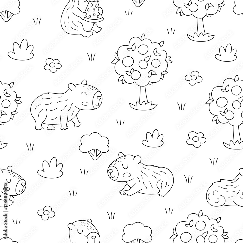 Obraz premium Vector black and white capybara seamless pattern. Cute line repeat background with capibara with tangerine tree, bushes, flowers. Funny digital paper, coloring page with relaxing animals