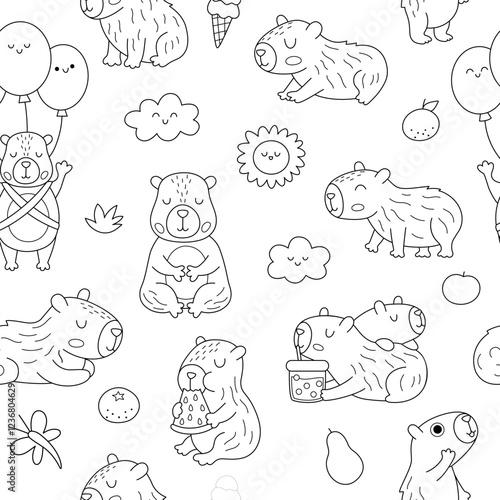 Vector black and white capybara seamless pattern. Cute line capibara repeat background with sun, clouds, balloons, tangerines. Funny digital paper, coloring page with relaxing animals