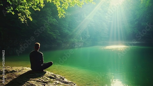 A man is sitting on the edge of a large lake in beautiful green nature and dark and there is a ray of light on the man
