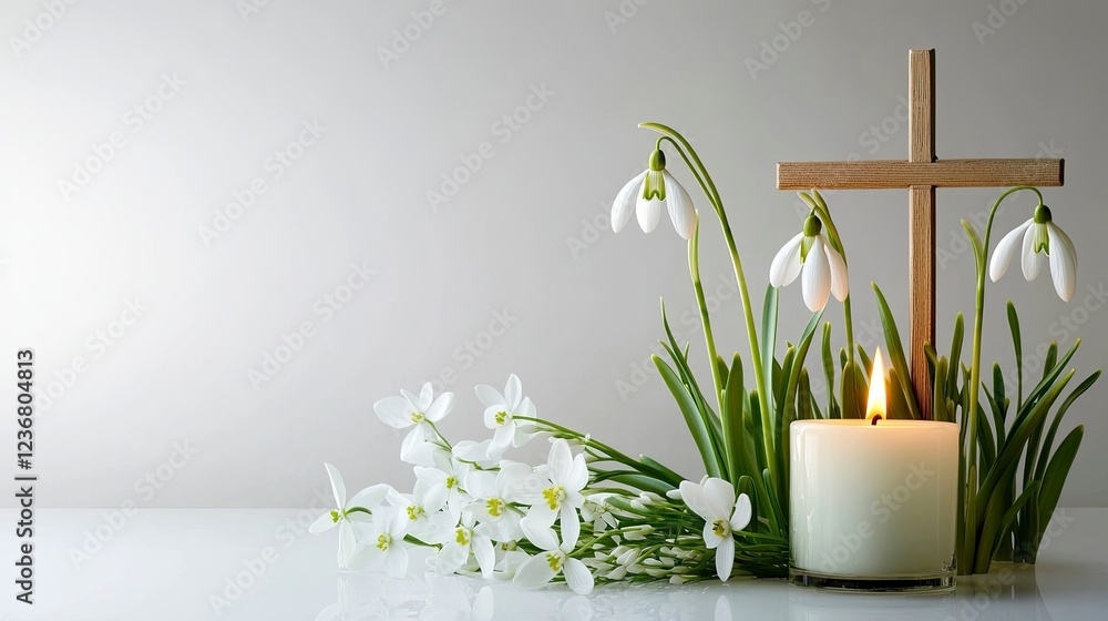 Beautiful snowdrop flowers and a cross with burning candles on a white background, with space for text, a stock photo contest winner, high resolution, minimalist design, with copy space. Beautiful snowdrop flowers and a cross with burning candles on a white background, with space for text, a stock photo contest winner, high resolution, minimalist design, with copy space.