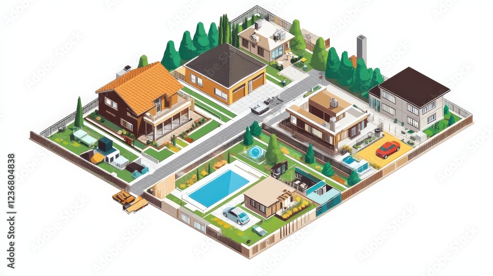Aerial View of Modern Neighborhood with Different House Designs and Outdoor Spaces Including Swimming Pool, Garden, and Driveways on Vibrant Landscape Aerial View of Modern Neighborhood with Different House Designs and Outdoor Spaces Including Swimming Pool, Garden, and Driveways on Vibrant Landscape