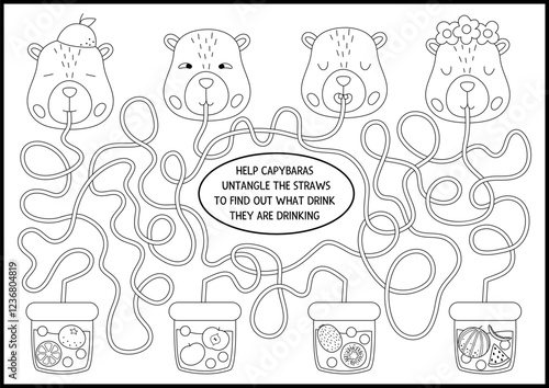 Black and white maze for kids with capybaras drinking bubble tea. Capibara preschool printable activity. Labyrinth game, coloring page or puzzle with cute animal, fruit drink. Untangle straw worksheet