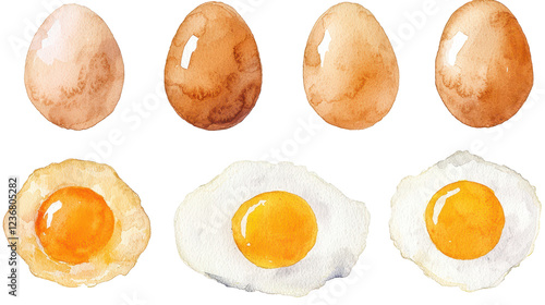 Fresh eggs and fried egg variations in watercolor style