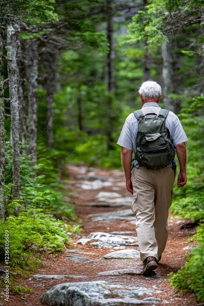 Obraz premium Senior Man Hiking Through Lush Forest Trail with Backpack, Embracing Nature and Adventure