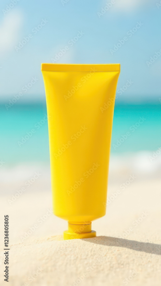 On left side of image yellow cosmetics cream tube without labels, tube stays on sand , blurred Maldives beach on background, mockup On left side of image yellow cosmetics cream tube without labels, tube stays on sand , blurred Maldives beach on background, mockup