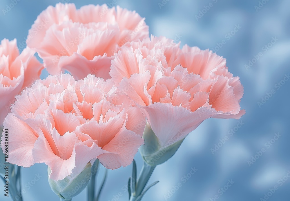 Close up view of delicate pale pink carnations against a soft blue background. The image features a shallow depth of field, emphasizing the texture Close up view of delicate pale pink carnations against a soft blue background. The image features a shallow depth of field, emphasizing the texture