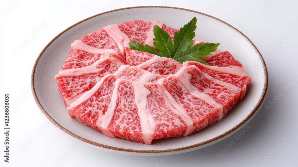 Fresh marbled beef slices arranged beautifully on plate with garnish Fresh marbled beef slices arranged beautifully on plate with garnish