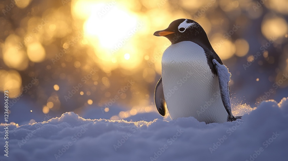 Fototapeta premium Gentoo penguin at sunset in snowy Antarctic landscape