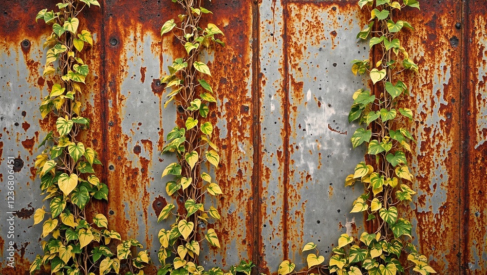 Rusty metal wall entwined with golden pothos vines Contrasting textures and colors Rusty metal wall entwined with golden pothos vines Contrasting textures and colors