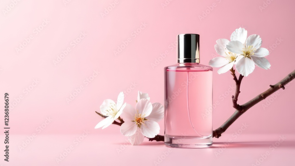 Product photography, perfume bottle standing on a branch of white cherry blossoms, thicker branches, artistic, light pink gradient background,clean and simple, contrasting color design Product photography, perfume bottle standing on a branch of white cherry blossoms, thicker branches, artistic, light pink gradient background,clean and simple, contrasting color design