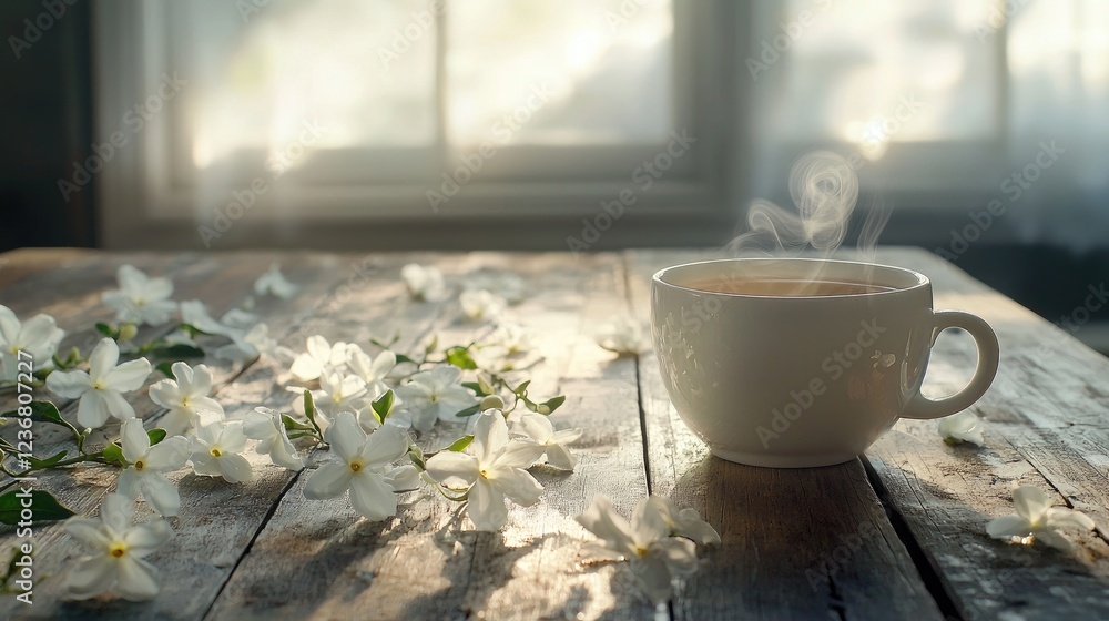 A steaming cup of jasmine tea surrounded by fresh jasmine flowers on a wooden table. A steaming cup of jasmine tea surrounded by fresh jasmine flowers on a wooden table.