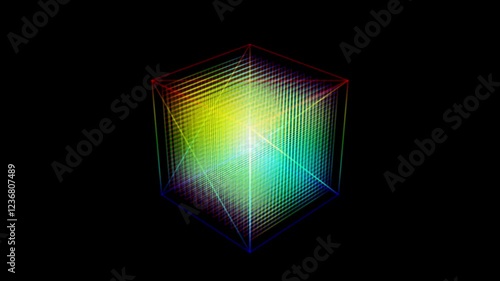 Reflective cube prism on a mirrored surface with intense, colorful holographic light refractions, creating a vibrant, artistic abstract background.