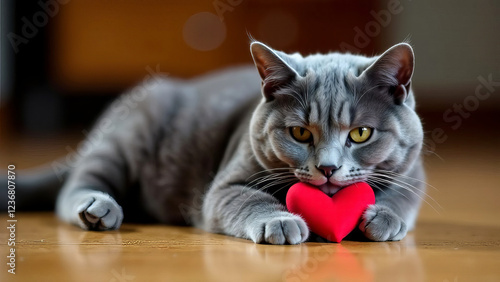 Greeting card with a cute British Shorthair cat hugging a red heart with her paws. Valentine's Day concept.