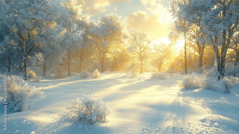 Magical Frosted Forest Illuminated by Golden Hour Sunlight Magical Frosted Forest Illuminated by Golden Hour Sunlight