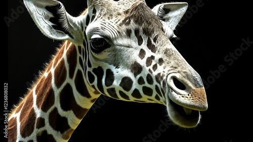 Close-up of a giraffe's face showcasing its unique patterns and features against a dark background