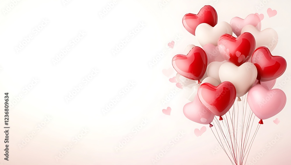 Valentine's Day background with red and pink heart-shaped balloons on a white background, empty space for text Valentine's Day background with red and pink heart-shaped balloons on a white background, empty space for text