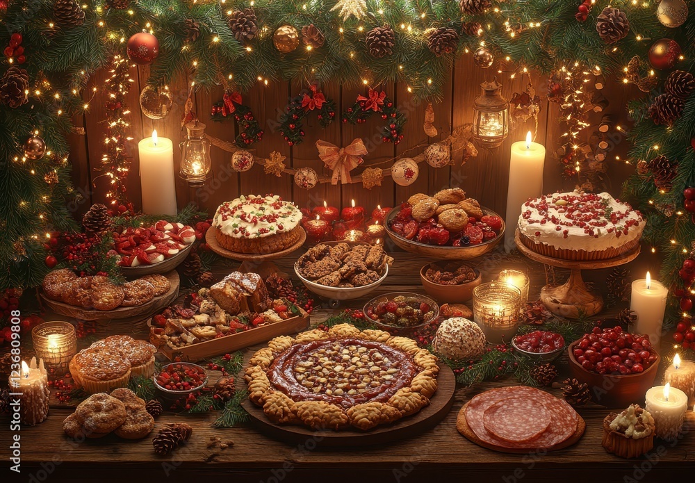 Warm, inviting Christmas scene featuring an array of festive desserts and treats displayed on a rustic wooden table, surrounded by candles and Warm, inviting Christmas scene featuring an array of festive desserts and treats displayed on a rustic wooden table, surrounded by candles and