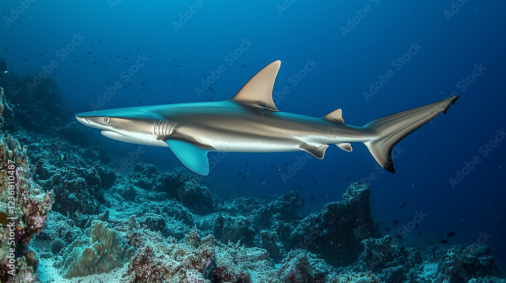 Sleek grey reef shark swimming smoothly above colorful coral reef, highlighting underwater marine ecosystem diversity Sleek grey reef shark swimming smoothly above colorful coral reef, highlighting underwater marine ecosystem diversity