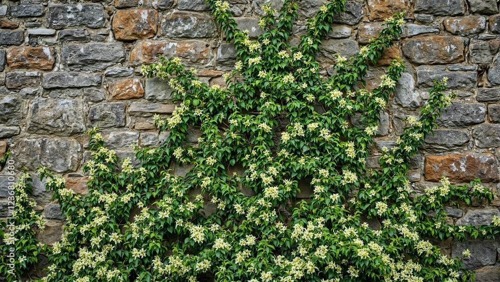 Rustic stone wall covered in honeysuckle vines with yellow and white blossoms