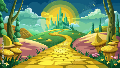 Enchanted yellow brick road leading to the magical emerald city in springtime