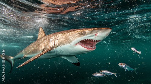 Oceanic whitetip shark gliding menacingly, hunting small fish in deep blue marine environment photo