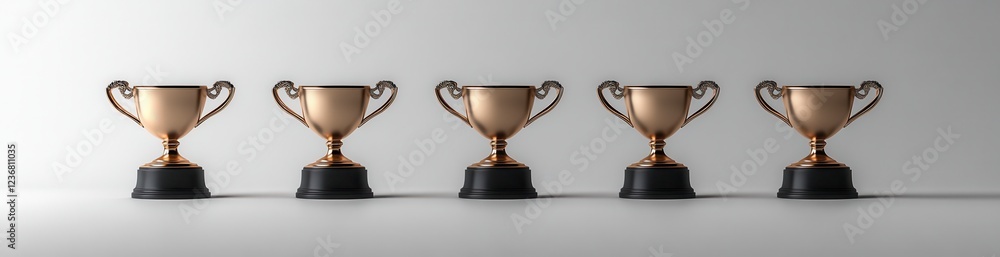 Five golden trophies arranged in a row on a neutral background. The trophies are identical, with black bases, and are well lit. The image is simple Five golden trophies arranged in a row on a neutral background. The trophies are identical, with black bases, and are well lit. The image is simple