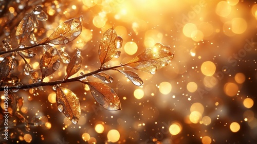 Wallpaper Mural Golden leaves branch, icy, winter scene, bokeh background, illustration Torontodigital.ca