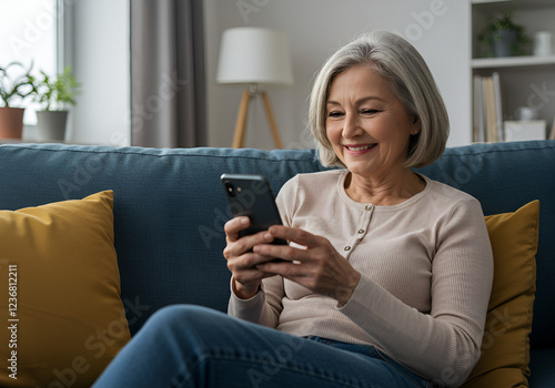 Happy middle aged older woman using smartphone sitting on couch at home. Smiling mature lady holding cellphone browsing internet, texting messages, doing online shopping on mobile cell phone on sofa.