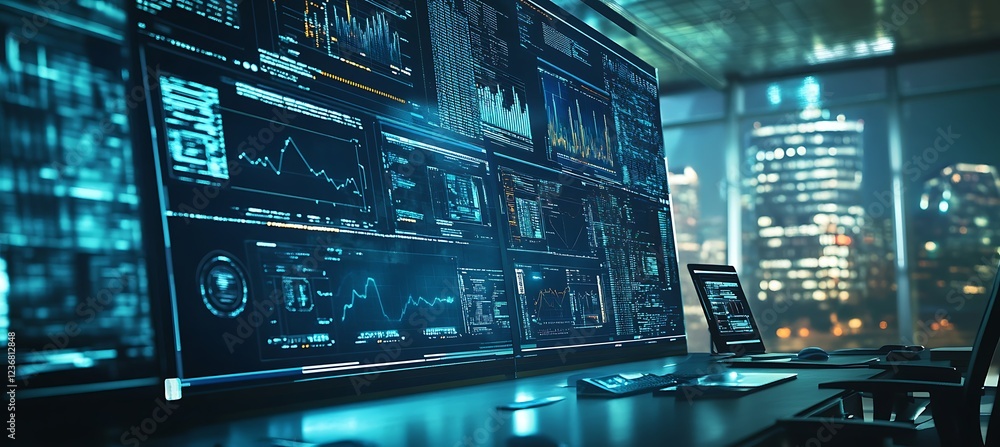 A professional workspace with a large digital display A professional workspace with a large digital display