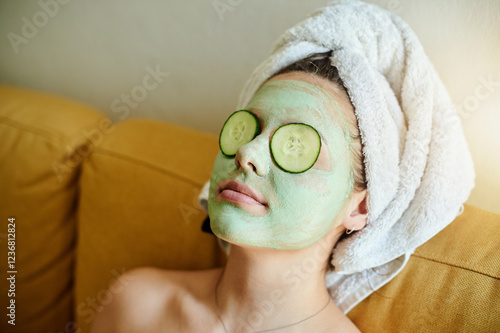 Fotografie Face, treatment and woman with cucumber on eyes doing a facial for vitamin c, wellness and natural beauty lying on a couch or sofa