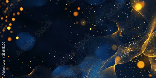 Abstract image featuring golden particles and flowing lines on a dark background, suitable for digital art, backgrounds, and festive themes.