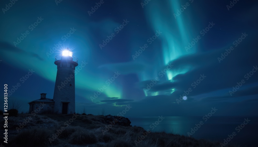 Majestic lighthouse under swirling aurora borealis night sky Majestic lighthouse under swirling aurora borealis night sky