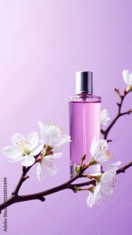Product photography, perfume bottle standing on a branch of white cherry blossoms, thicker branches, artistic, light purple gradient background,clean and simple, contrasting color design Product photography, perfume bottle standing on a branch of white cherry blossoms, thicker branches, artistic, light purple gradient background,clean and simple, contrasting color design