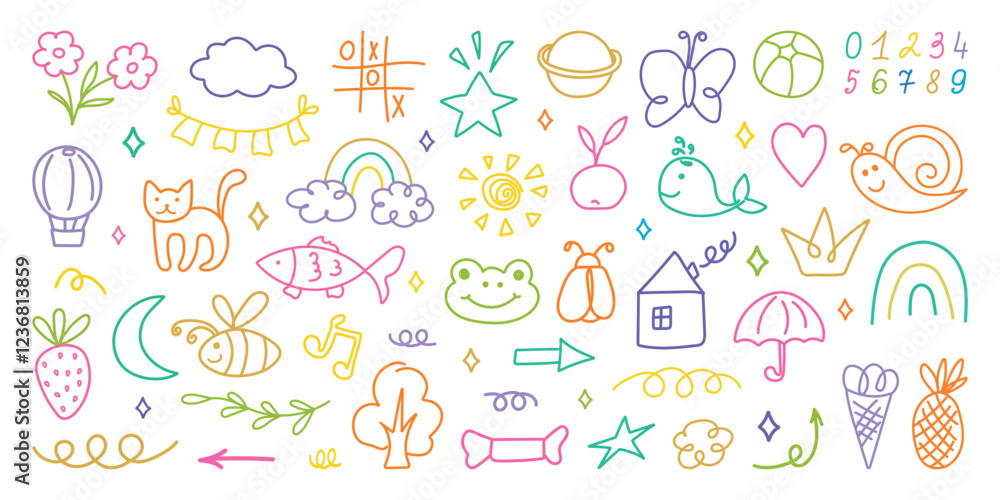 Hand drawn kid crayon illustrations. Children lines icons, arrow, figures, brush, chalk scribble. Pencil or marker underline set. Child geometric abstract elements. Shapes in doodle style. Vector Hand drawn kid crayon illustrations. Children lines icons, arrow, figures, brush, chalk scribble. Pencil or marker underline set. Child geometric abstract elements. Shapes in doodle style. Vector