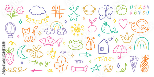 Hand drawn kid crayon illustrations. Children lines icons, arrow, figures, brush, chalk scribble. Pencil or marker underline set. Child geometric abstract elements. Shapes in doodle style. Vector