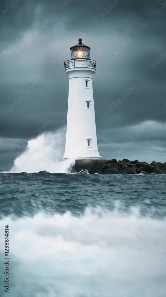 Majestic lighthouse amidst stormy seas with crashing waves and dramatic skies Majestic lighthouse amidst stormy seas with crashing waves and dramatic skies