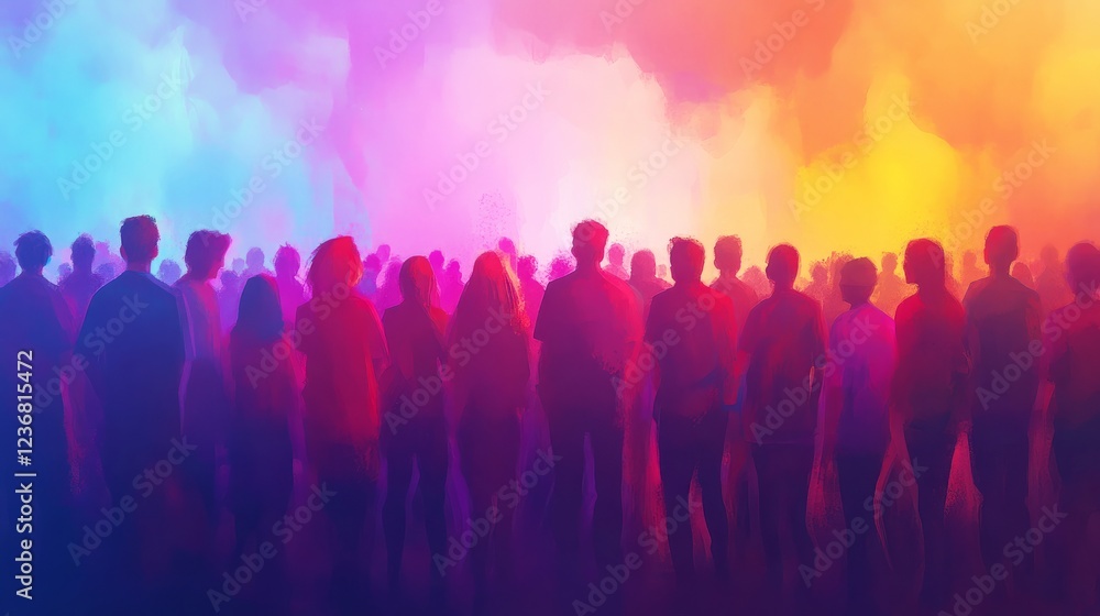 Large group of people attending a live music event with vibrant and colorful stage lights Large group of people attending a live music event with vibrant and colorful stage lights