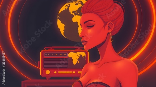  A vintage red radio with yellow accents and a stylized globe with yellow Africa and orange Europe against a deep blue background.