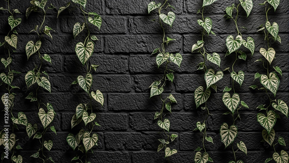 Modern black brick wall with cascading silver pothos vines creating a chic and artistic display Modern black brick wall with cascading silver pothos vines creating a chic and artistic display