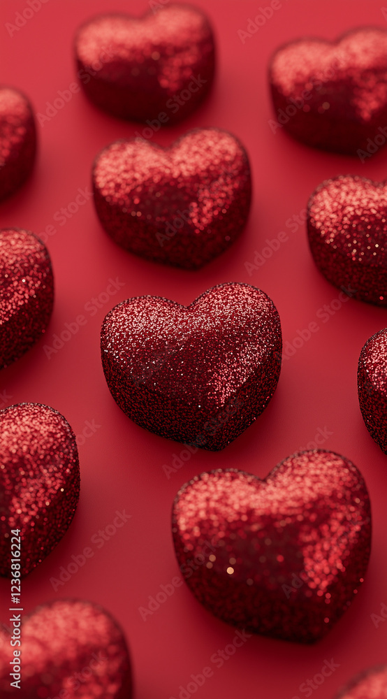 Fototapeta premium 3D red glitter hearts on a red background.Minimal creative Valentine's concept.Copy space,flat lay
