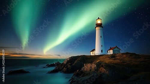 Wallpaper Mural Majestic Lighthouse Under Vibrant Northern Lights in Serene Landscape Torontodigital.ca