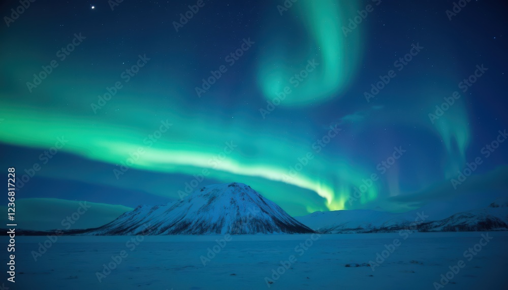 Naklejka premium Stunning Aurora Borealis Over Snowy Mountain Landscape at Night