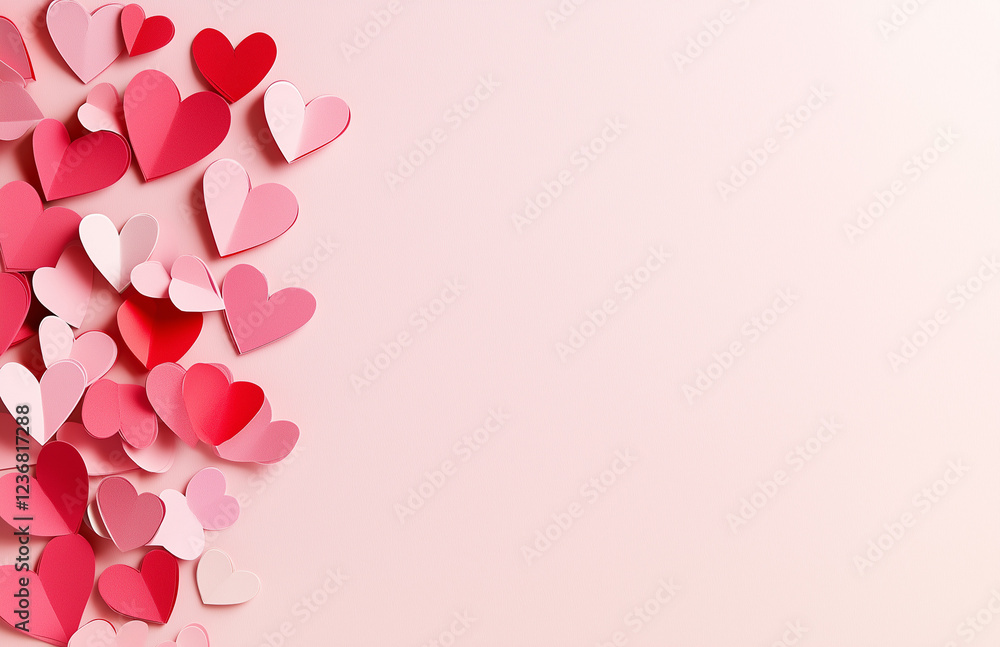 A background of pink and red paper hearts arranged in an array within the frame against a plain light-pink backdrop.Minimal creative Valentine's holiday concept.Copy space,flat lay A background of pink and red paper hearts arranged in an array within the frame against a plain light-pink backdrop.Minimal creative Valentine's holiday concept.Copy space,flat lay