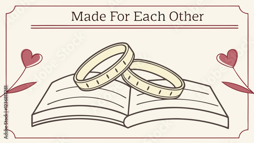 Text "Made for each other".Vector flat line illustration, rings, book, wedding, love, marriage, romance, couple, together, forever.