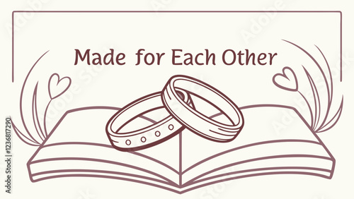 Text "Made for each other".Vector flat line illustration, rings, book, wedding, love, marriage, romance, couple, together, forever.