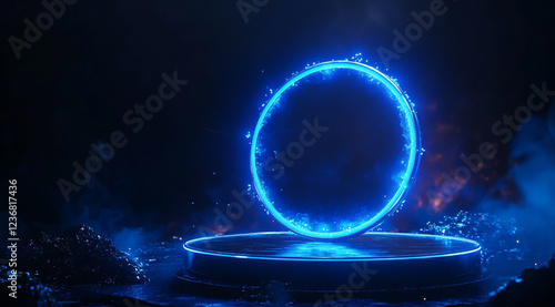 A blue, glowing neon ring on a podium pedestal in a dark room with a smoke-filled background photo