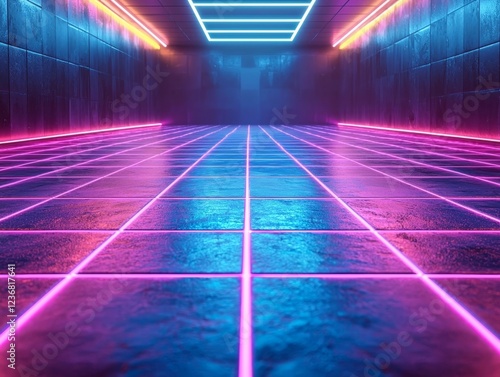 Vibrant Neon Grid Background with Glowing Blue and Purple Lines   Retro Futuristic Tron Inspired Design photo