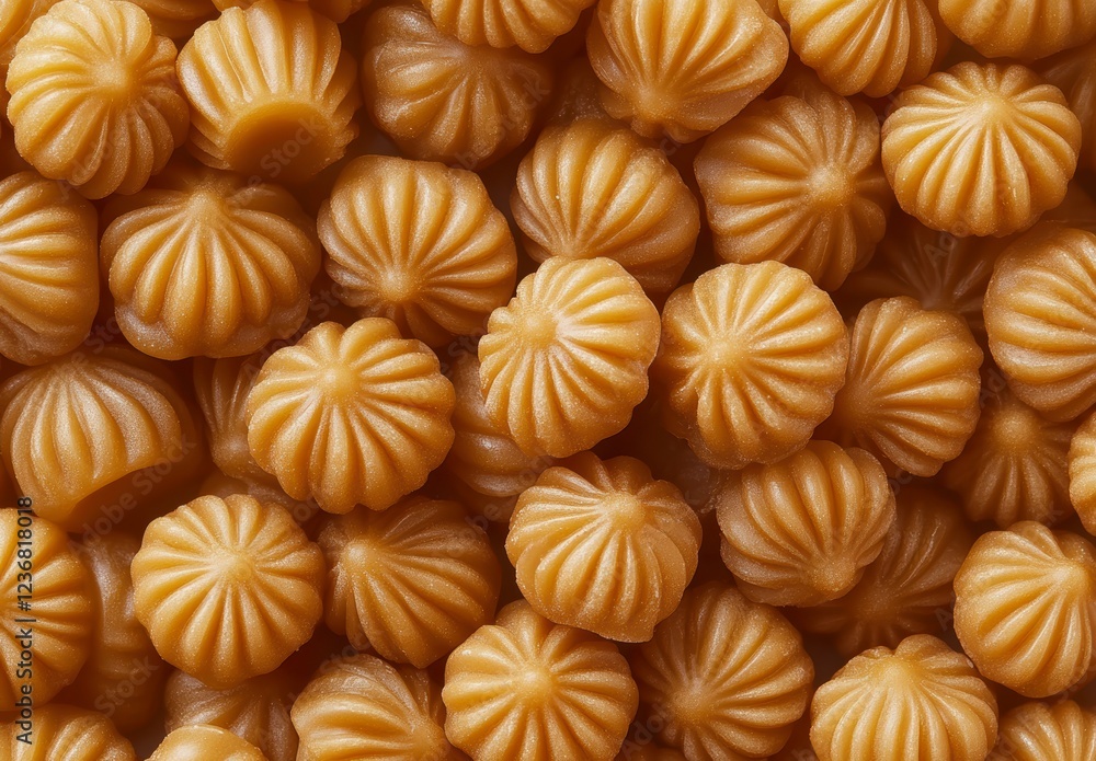 Close up view of numerous small, golden brown confectionery pieces. Each piece has a distinctive starburst pattern on top, and a subtle sparkle or Close up view of numerous small, golden brown confectionery pieces. Each piece has a distinctive starburst pattern on top, and a subtle sparkle or