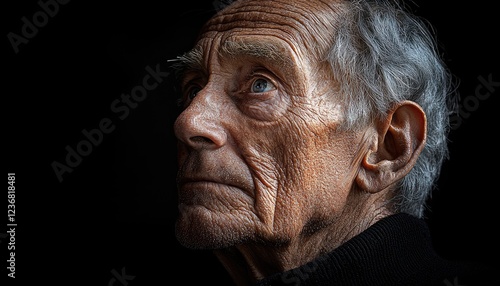 A weathered elderly man gazes pensively upward